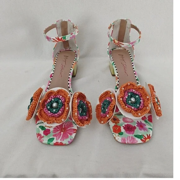 Betsey Johnson Floral Ankle-Strap Sandals with Orange Crochet Flowers - Picture 5 of 14